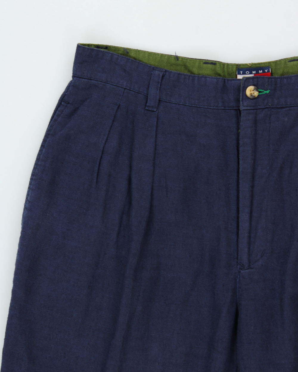 Vintage 1990s Tommy Hilfiger Navy High-Rise Double Plated Linen Blend Wide Relaxed Leg Trousers - W32 L29