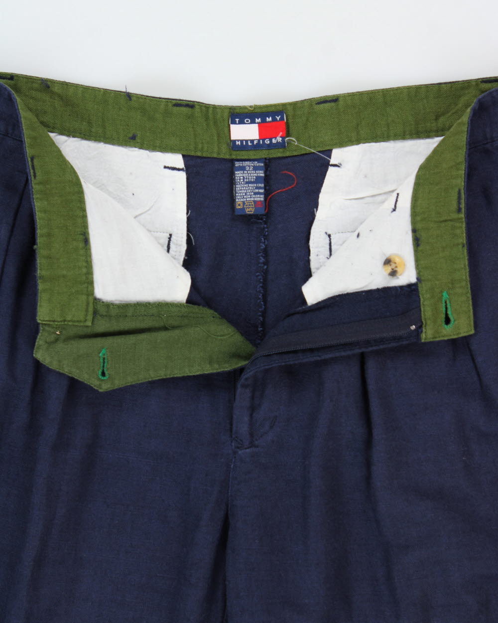 Vintage 1990s Tommy Hilfiger Navy High-Rise Double Plated Linen Blend Wide Relaxed Leg Trousers - W32 L29