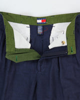 Vintage 1990s Tommy Hilfiger Navy High-Rise Double Plated Linen Blend Wide Relaxed Leg Trousers - W32 L29