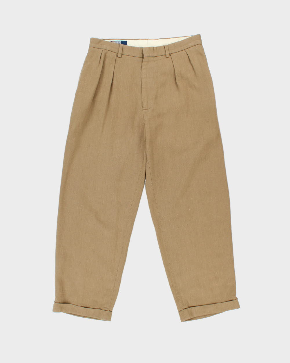 Vintage Y2K 00s Polo Ralph Lauren Khaki Herringbone High-Rise Double Pleated Linen Blend Relaxed Fit Trousers - W32 L28