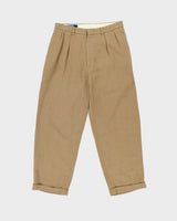 Vintage Y2K 00s Polo Ralph Lauren Khaki Herringbone High-Rise Double Pleated Linen Blend Relaxed Fit Trousers - W32 L28