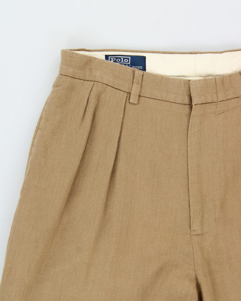 Vintage Y2K 00s Polo Ralph Lauren Khaki Herringbone High-Rise Double Pleated Linen Blend Relaxed Fit Trousers - W32 L28