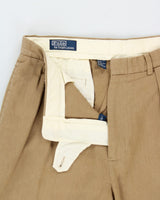 Vintage Y2K 00s Polo Ralph Lauren Khaki Herringbone High-Rise Double Pleated Linen Blend Relaxed Fit Trousers - W32 L28