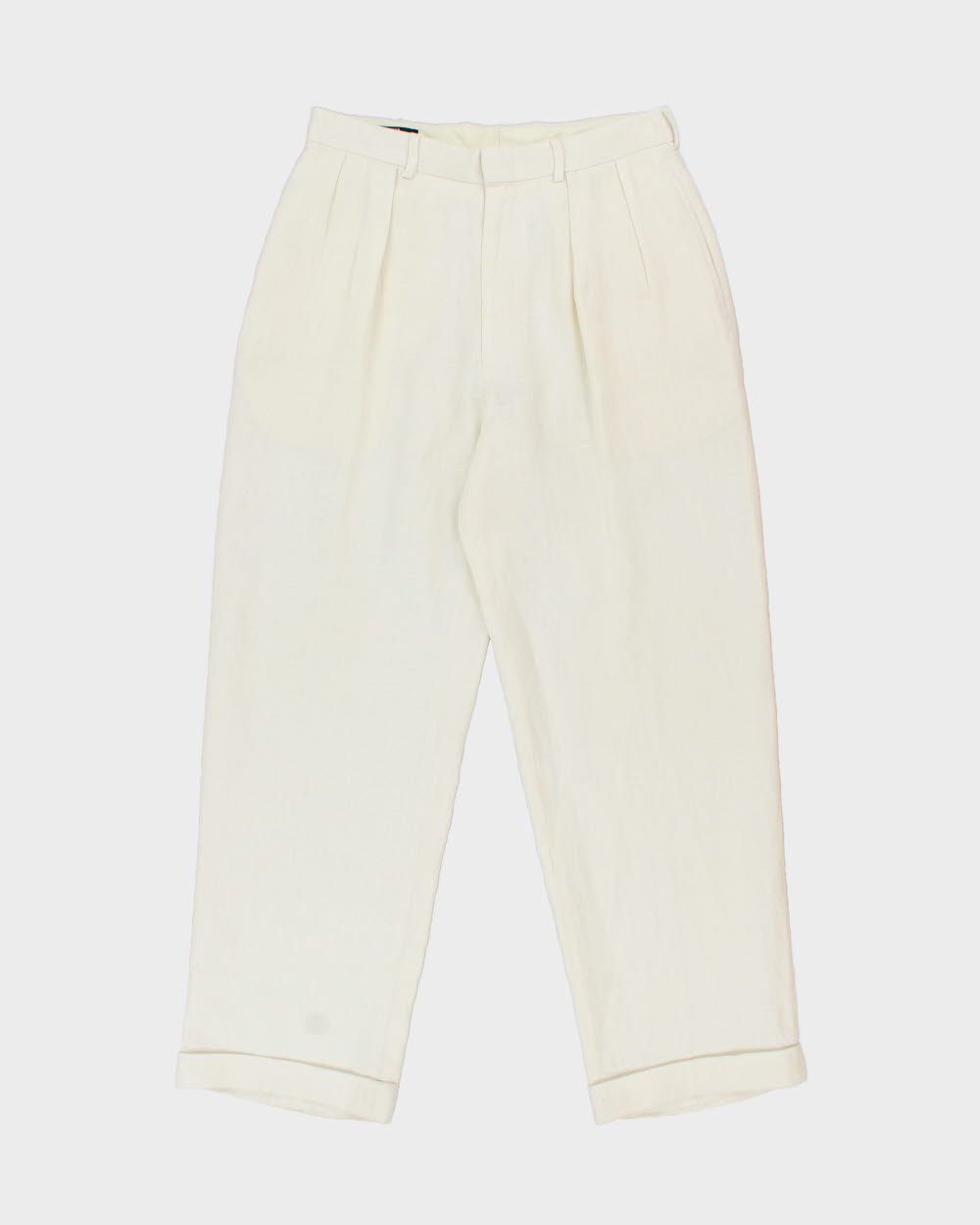 Vintage 1990s Polo Ralph Lauren Cream High-Rise Double Pleated Ocean Washed Linen Wide Leg Relaxed Fit Trousers - W30 L30