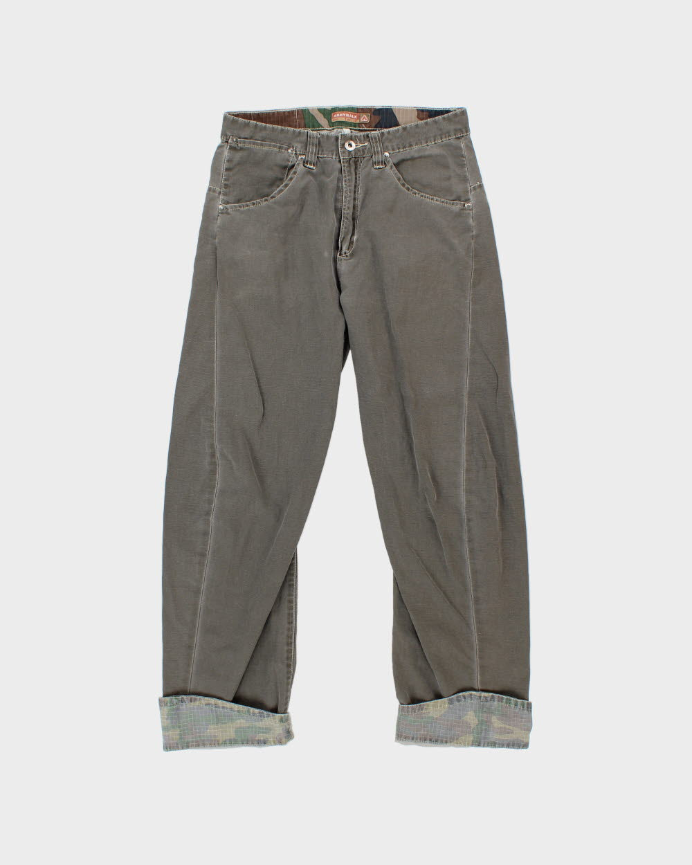 Vintage Y2K 00s Armywalk Khaki Canvas Barrel Leg Camo Cuff Trousers - W30 L30