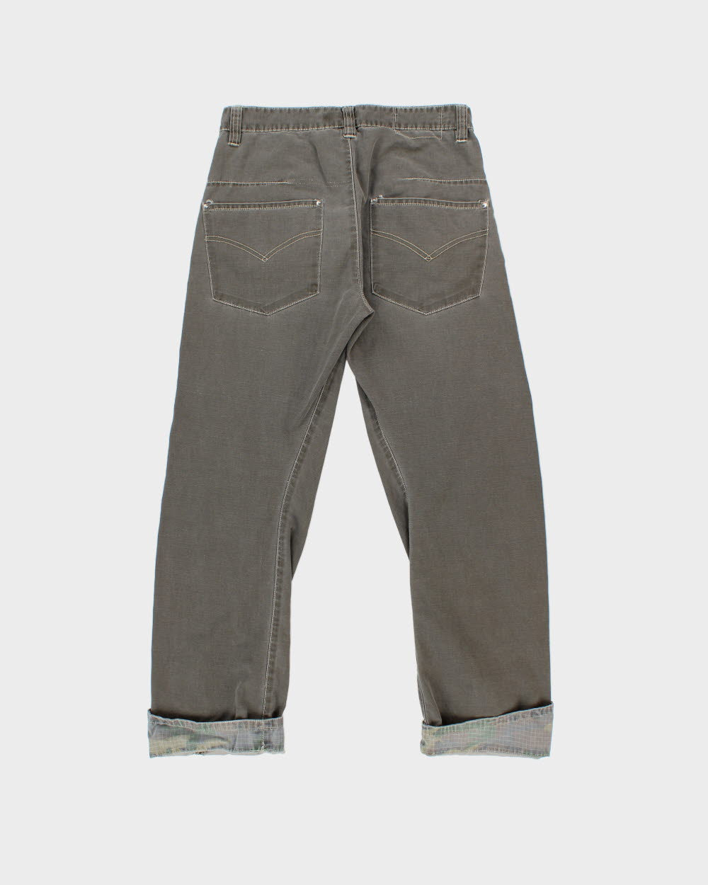 Vintage Y2K 00s Armywalk Khaki Canvas Barrel Leg Camo Cuff Trousers - W30 L30
