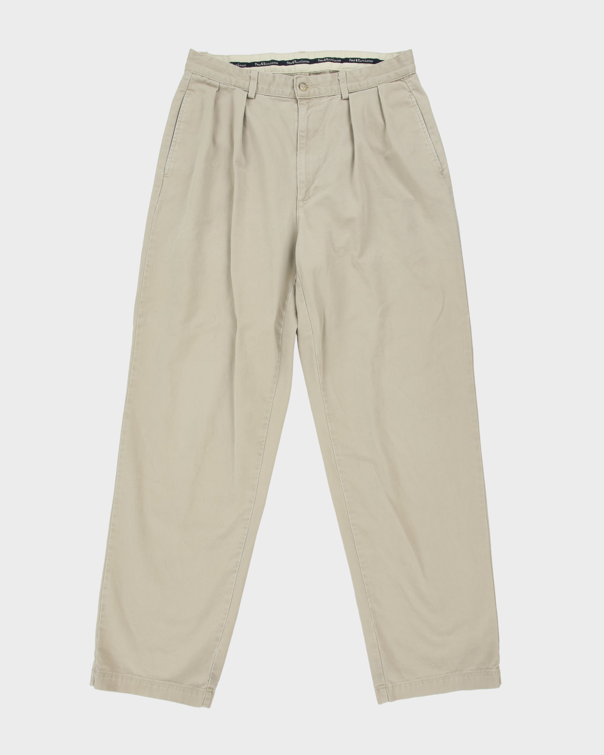 Vintage 1990s Polo Ralph Lauren Khaki Double Pleated Made In USA Relaxed Fit Chino Trousers - W32 L31