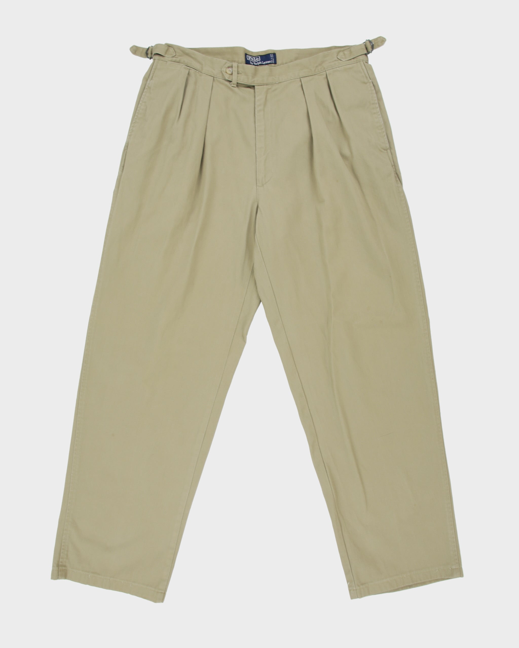 Vintage 1990s Polo Ralph Lauren Golf Khaki Double Pleated Adjustable Relaxed Fit Canvas Chino Trousers - W36 L31