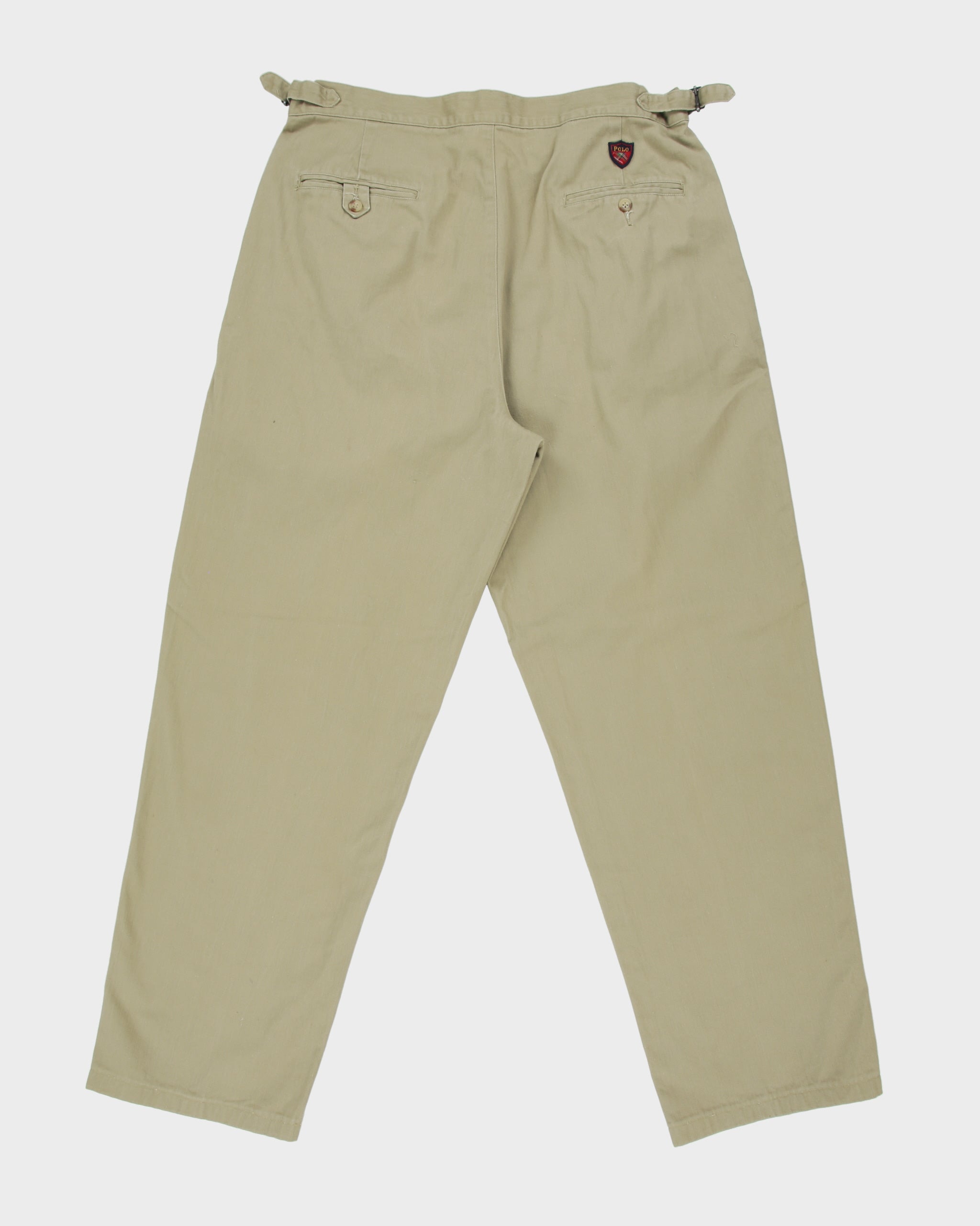 Vintage 1990s Polo Ralph Lauren Golf Khaki Double Pleated Adjustable Relaxed Fit Canvas Chino Trousers - W36 L31