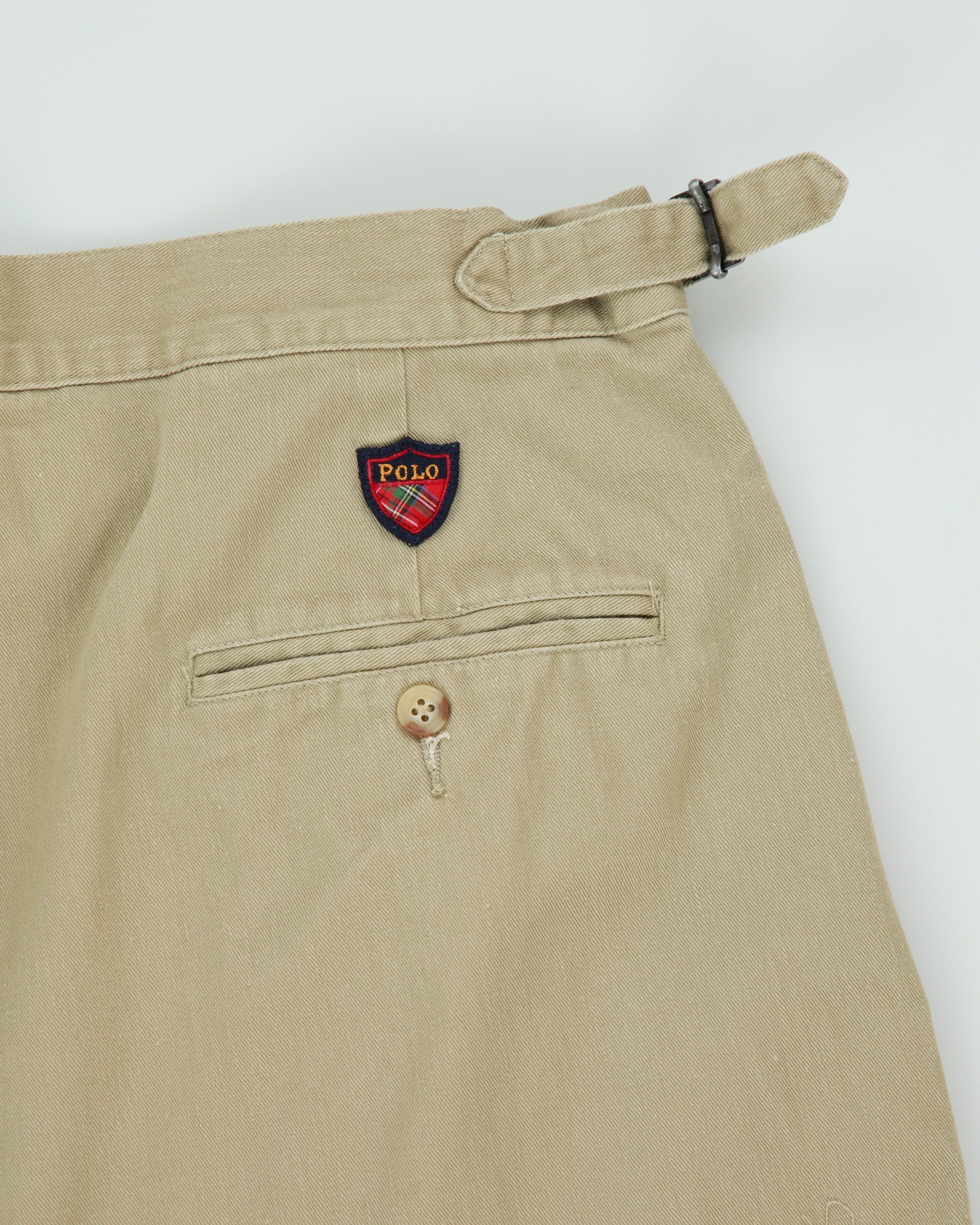 Vintage 1990s Polo Ralph Lauren Golf Khaki Double Pleated Adjustable Relaxed Fit Canvas Chino Trousers - W36 L31
