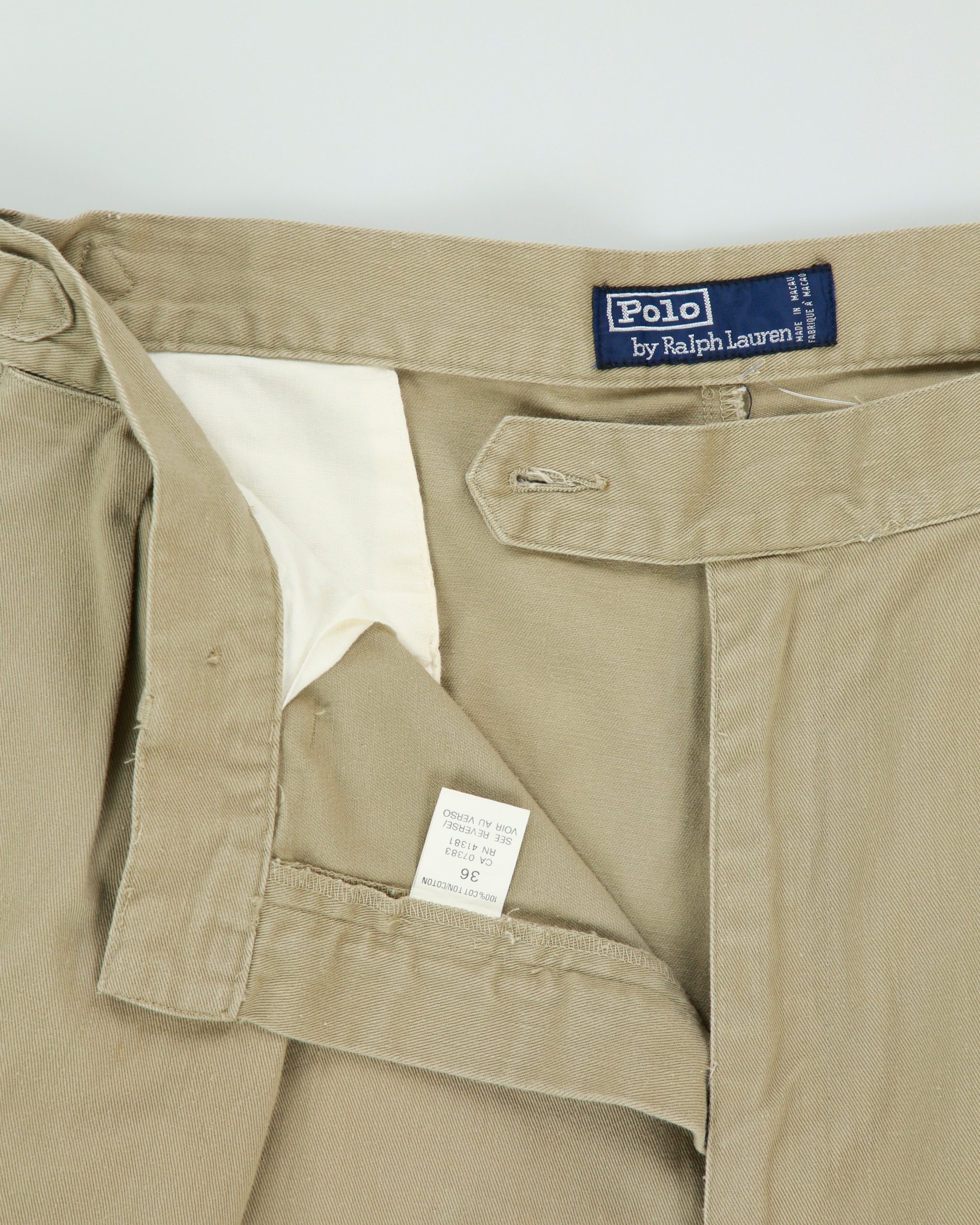 Vintage 1990s Polo Ralph Lauren Golf Khaki Double Pleated Adjustable Relaxed Fit Canvas Chino Trousers - W36 L31