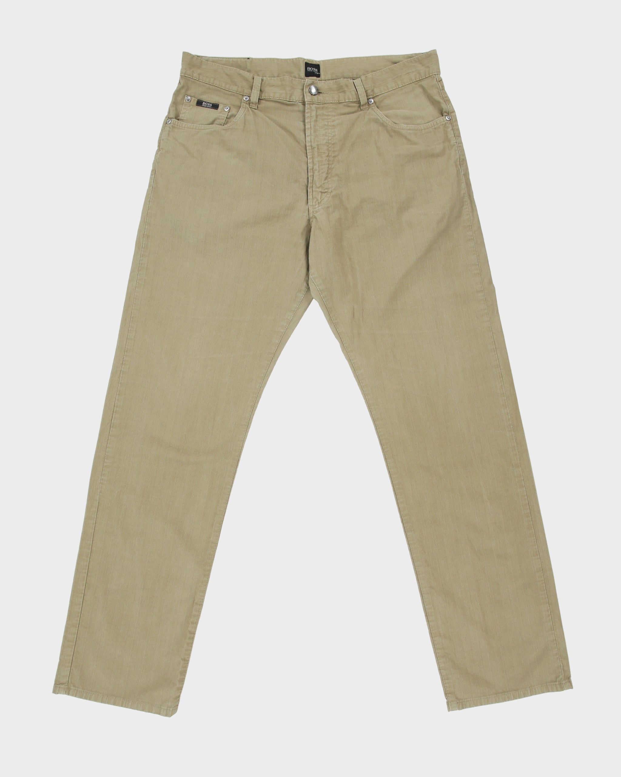 Vintage 2001 Y2K Hugo Boss Khaki 'Montana' Mid-Rise Striped Canvas Straight Leg Trousers - W36 L33