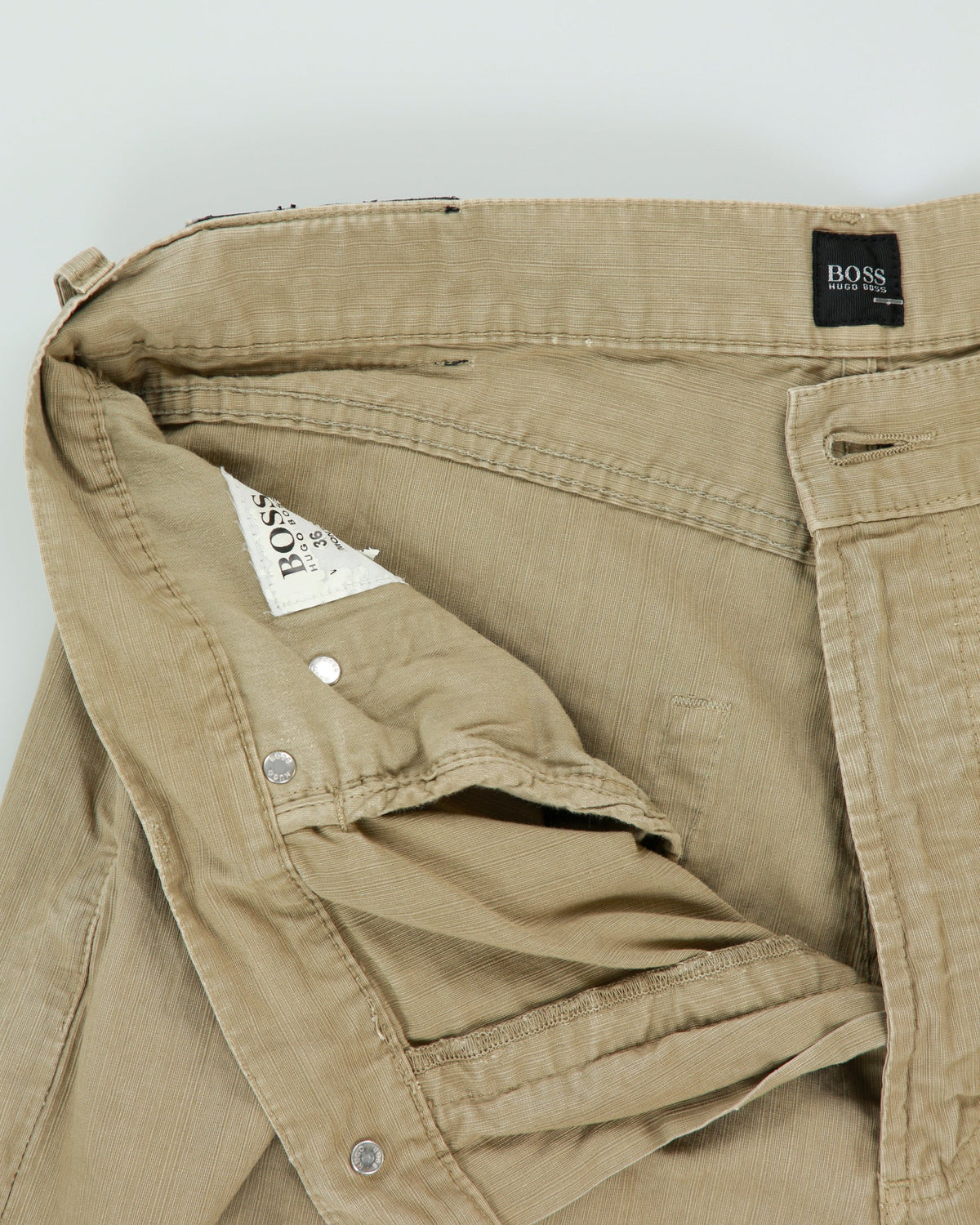 Vintage 2001 Y2K Hugo Boss Khaki 'Montana' Mid-Rise Striped Canvas Straight Leg Trousers - W36 L33