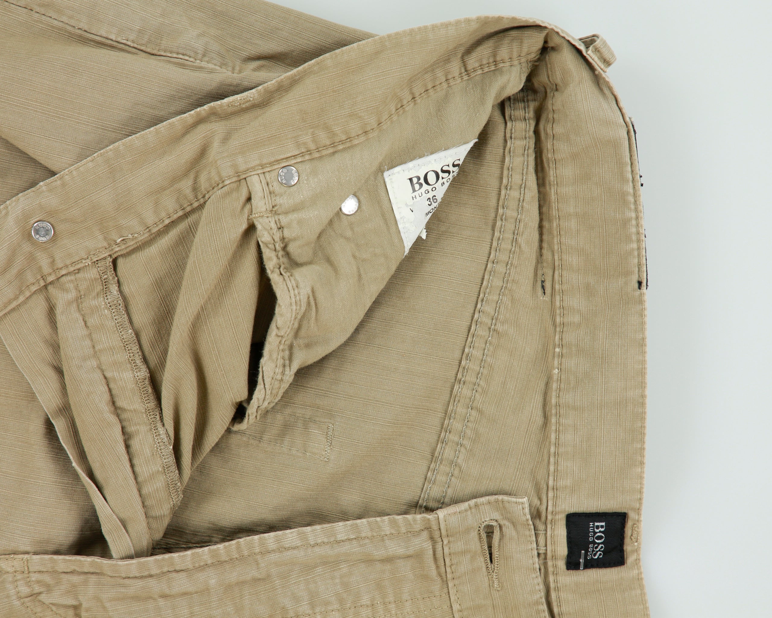 Vintage 2001 Y2K Hugo Boss Khaki 'Montana' Mid-Rise Striped Canvas Straight Leg Trousers - W36 L33