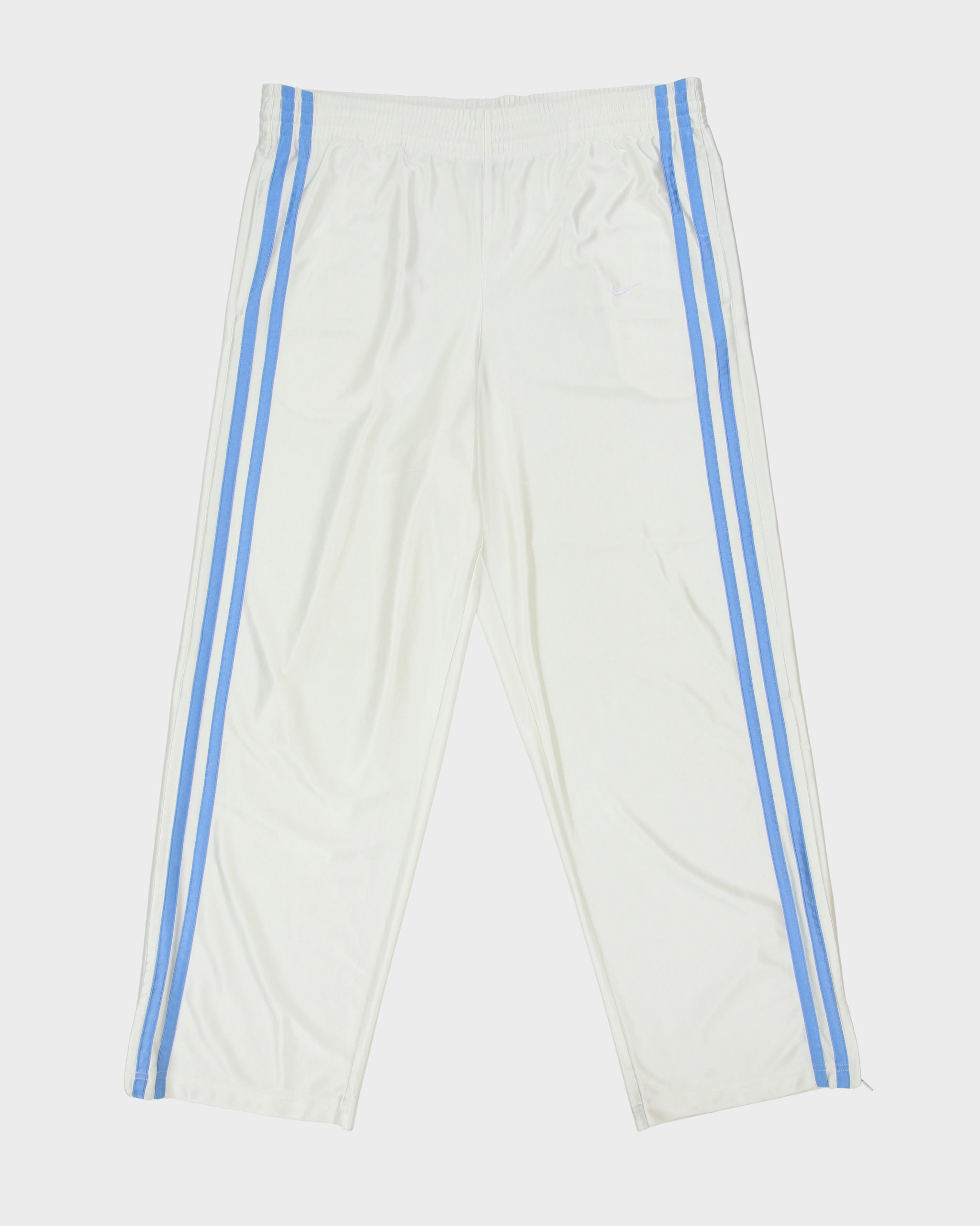 Vintage Y2K 00s Nike Satin Embroidered Striped Baby Pink Swoosh Wide Leg Zip Cuff Tracksuit Bottoms - XL