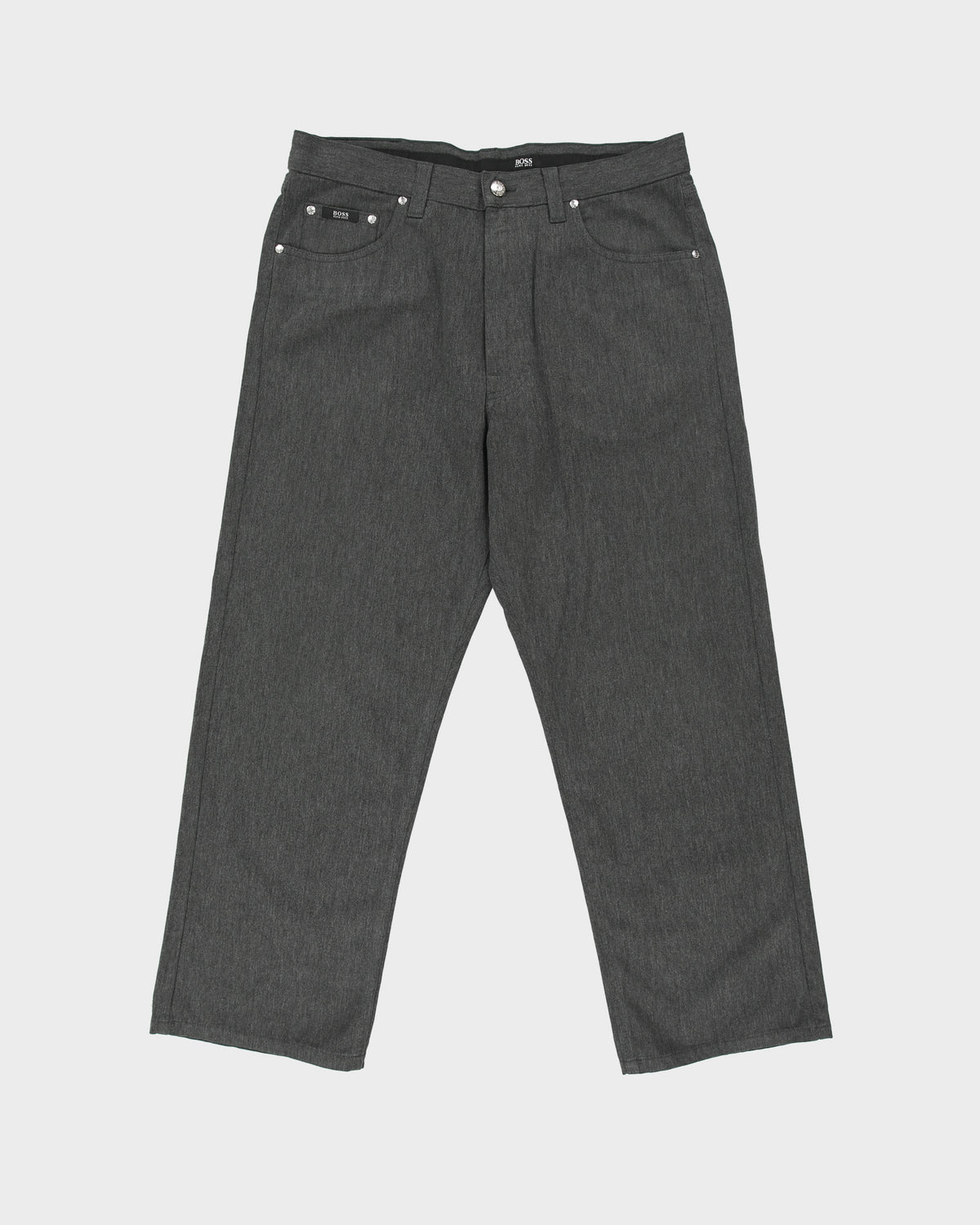 Vintage 1990s Hugo Boss Marl Grey Mid Rise Wool Blend Relaxed Fit Straight Leg Trousers - W35 L27