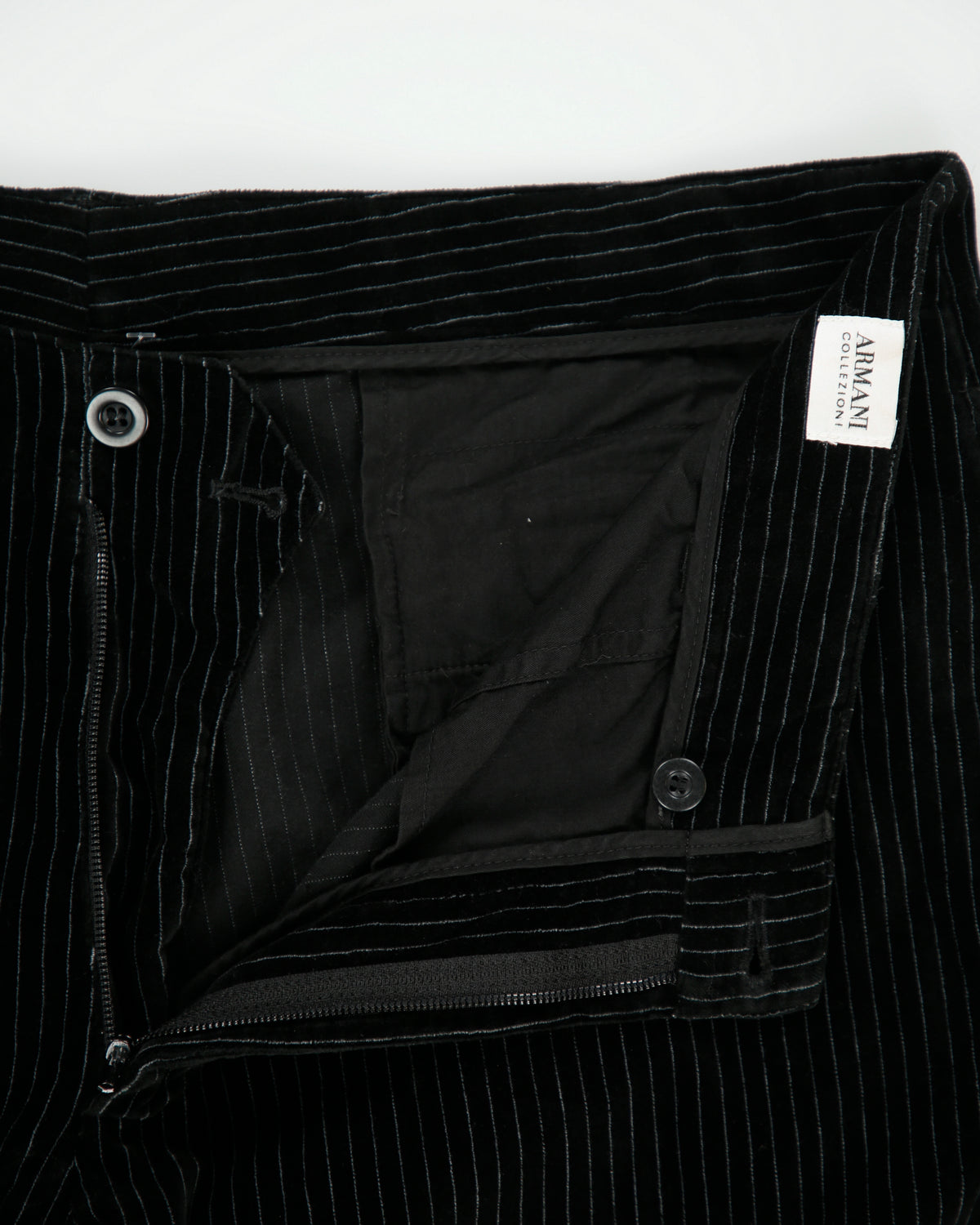 Vintage Y2K 00s Armani Collezioni Mid Rise Pinstripe Flap Pocket Wide Leg Velour Trousers - W38 L32