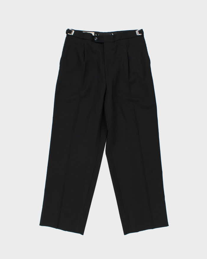 Vintage 1980s Yves Saint Laurent Black Wide Straight Leg Adjustable Wool Trousers - W34 L28