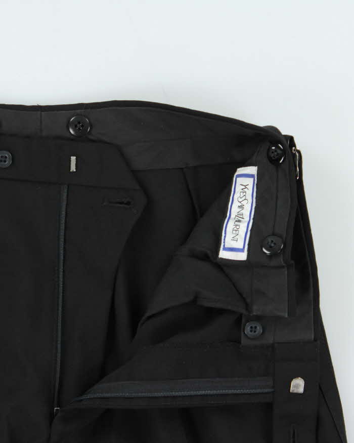 Vintage 1980s Yves Saint Laurent Black Wide Straight Leg Adjustable Wool Trousers - W34 L28