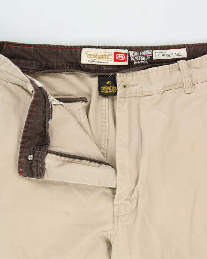 Vintage Y2K 00s Ecko UNLTD 'Massive Pant' Heavyweight Tan Ultra Wide Leg Cargo Trousers - W40 L31