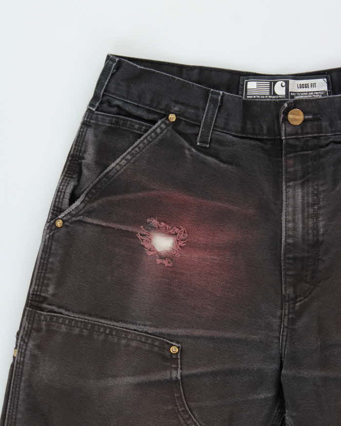 Vintage Carhartt B01 BLK Made In USA Firm Duck Double-Front Distressed Loose Fit Carpenter Trousers - W32 L30