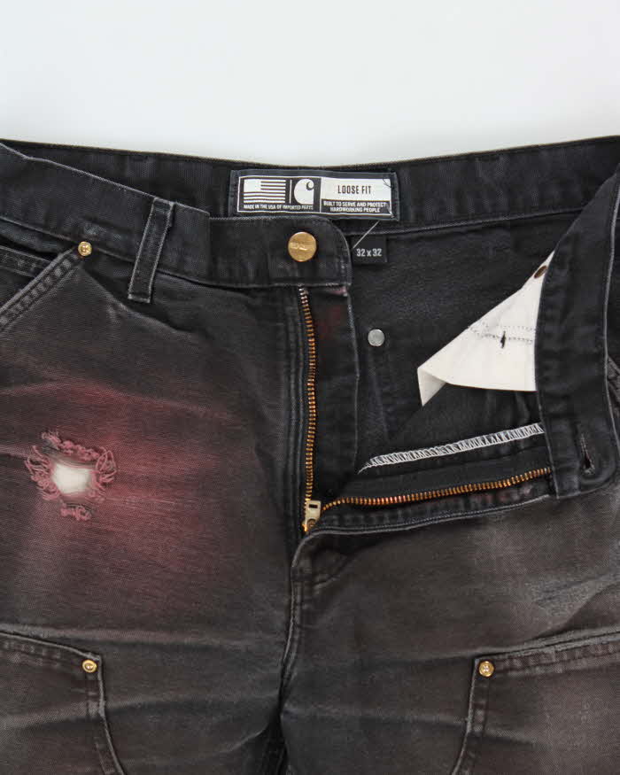 Vintage Carhartt B01 BLK Made In USA Firm Duck Double-Front Distressed Loose Fit Carpenter Trousers - W32 L30