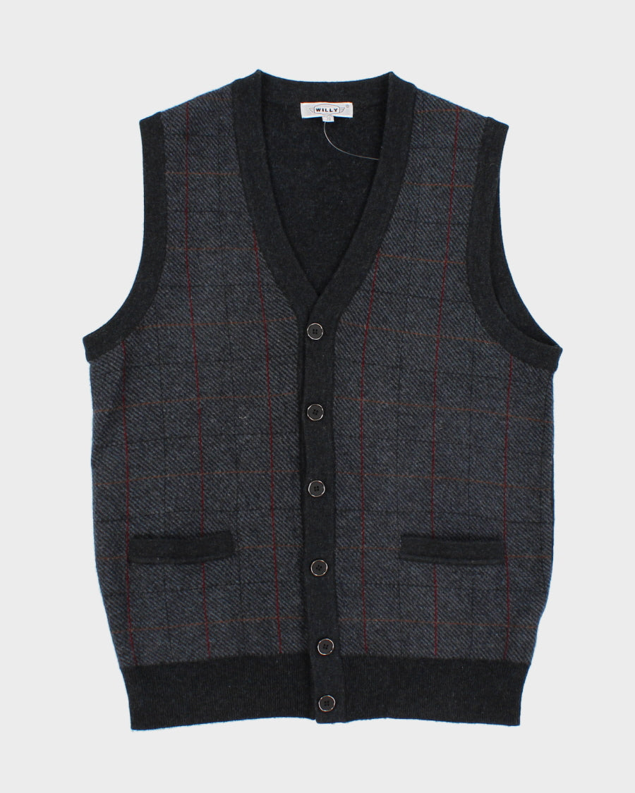 Mens Grey Plaid Button Up Knit Country Vest - M