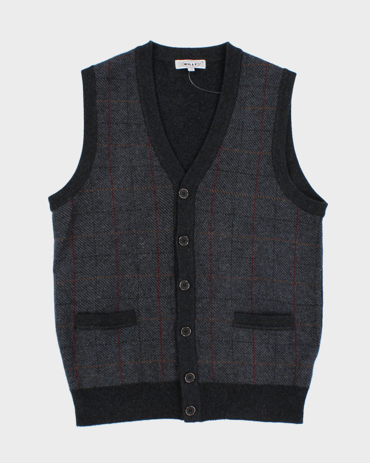 Mens Grey Plaid Button Up Knit Country Vest - M