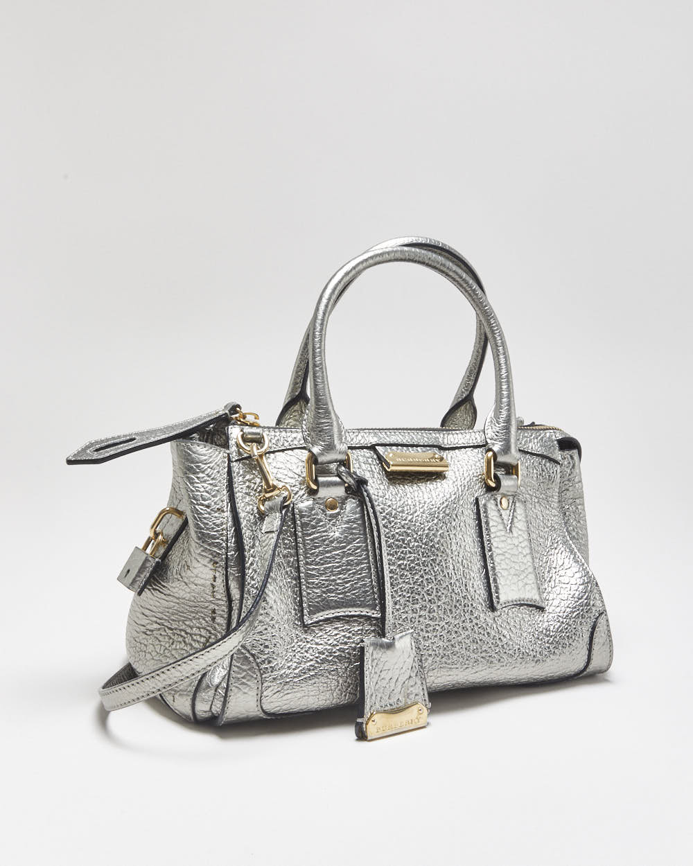 Vintage Burberry Gladstone Metallic Leather Sactchel Handbag