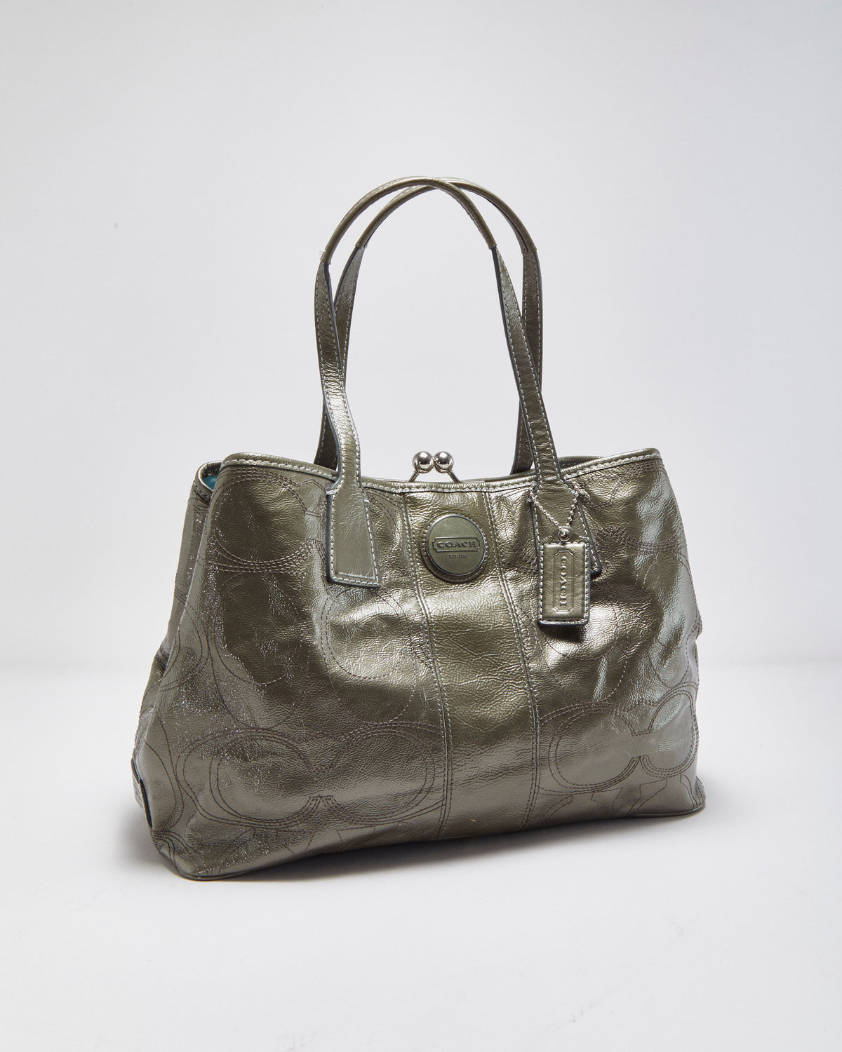 Vintage Y2K 00s Coach Signature Stripe Stitch Framed Carryall Kiss-lock Patent Leather Handbag