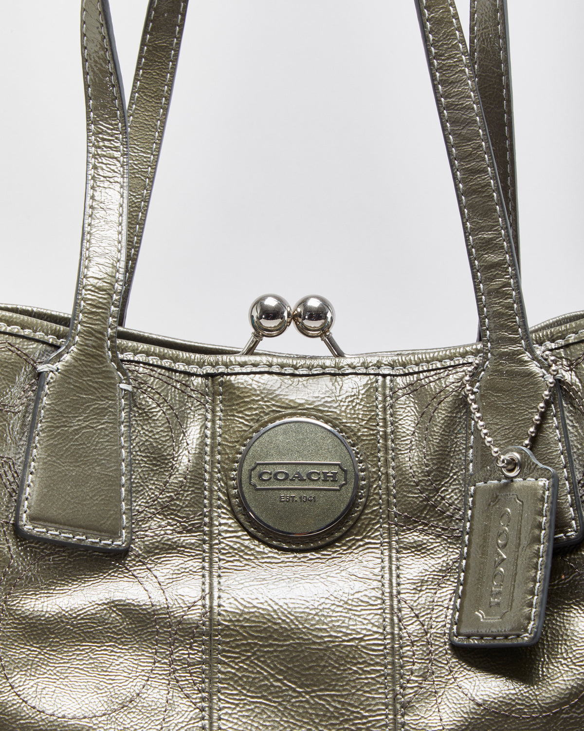 Vintage Y2K 00s Coach Signature Stripe Stitch Framed Carryall Kiss-lock Patent Leather Handbag