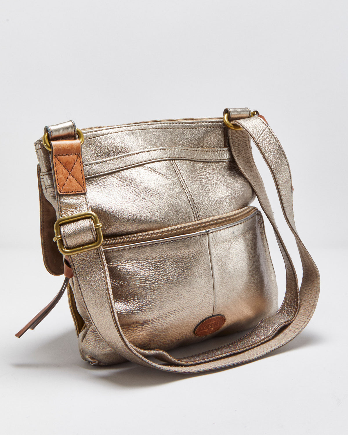 Vintage Fossil Morgan Metallic Pebbled Leather Multi Pocket Crossbody Bag