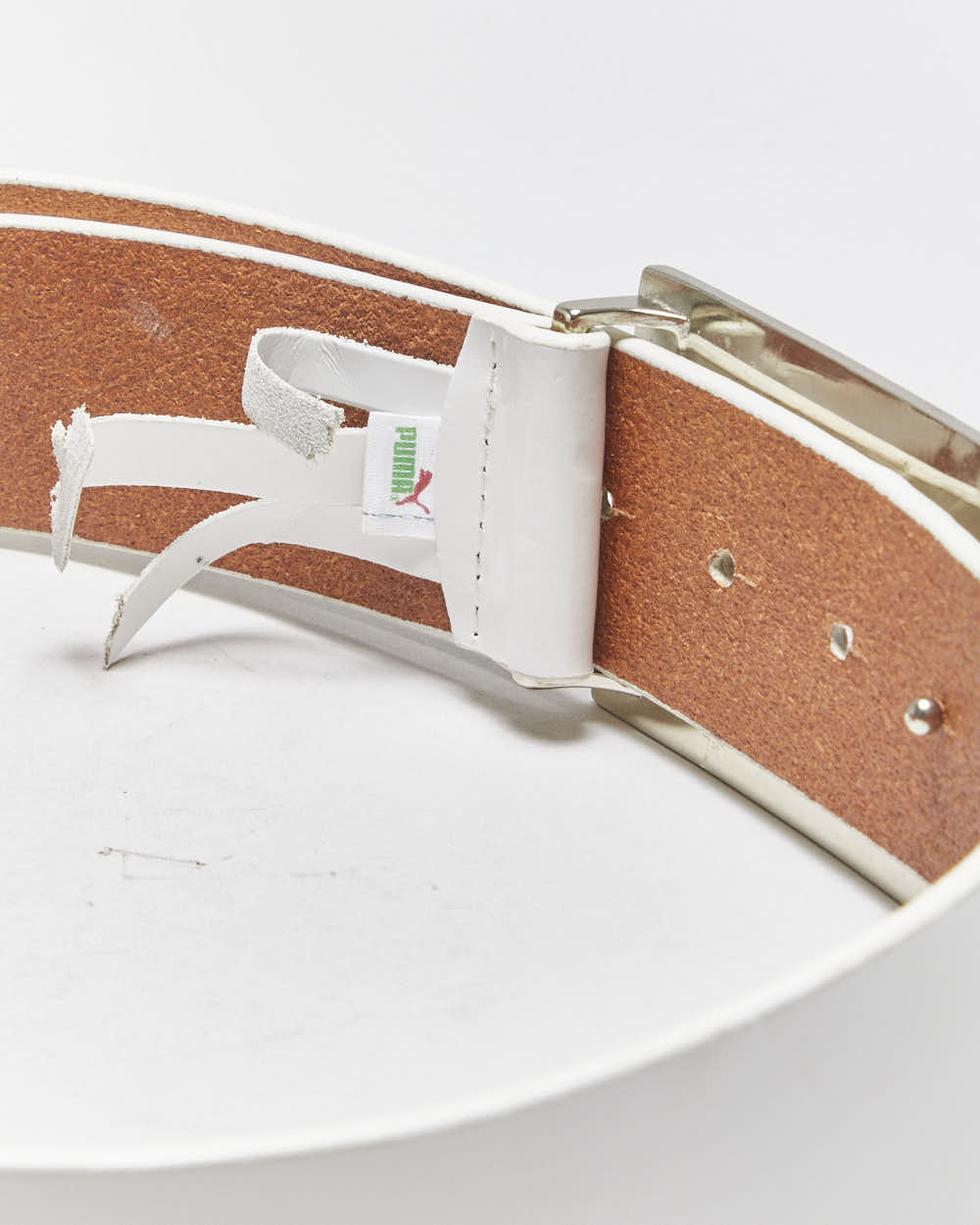 Vintage Y2K 00s Puma White Patent Leather Cream Buckle Belt - W29-W34