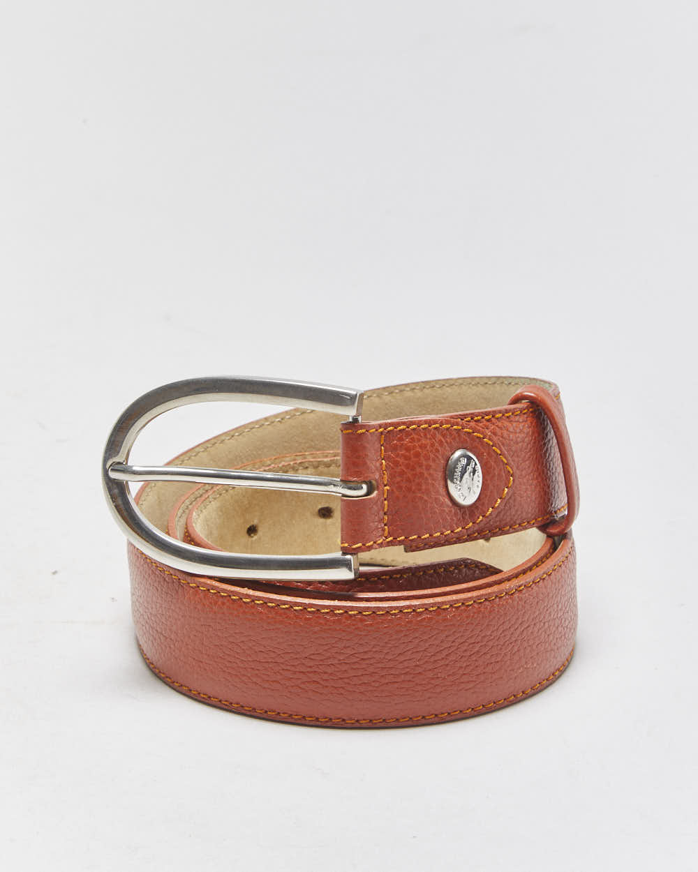 Vintage Longchamp Grained Saddle Tan Leather Oval Buckle Belt - W33-W36