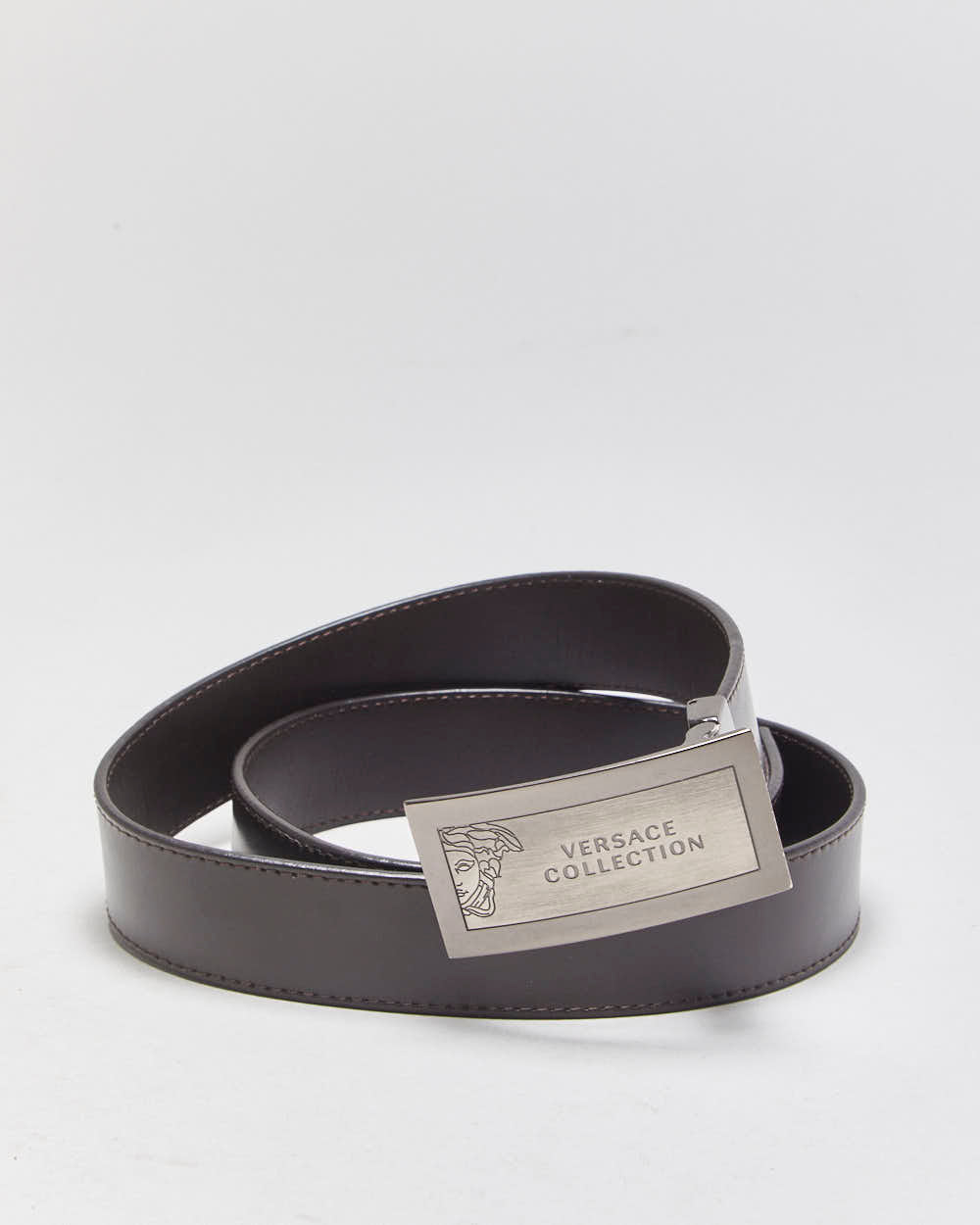 Versace Collection Mocha Brown Leather Medusa Plaque Buckle Belt - W35-W39