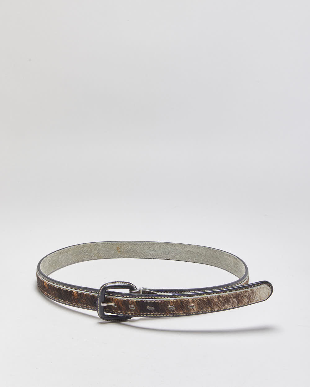Vintage Y2K 00s Black Leather Pony Hair Contrast Stitch Buckle Belt - W38-W44