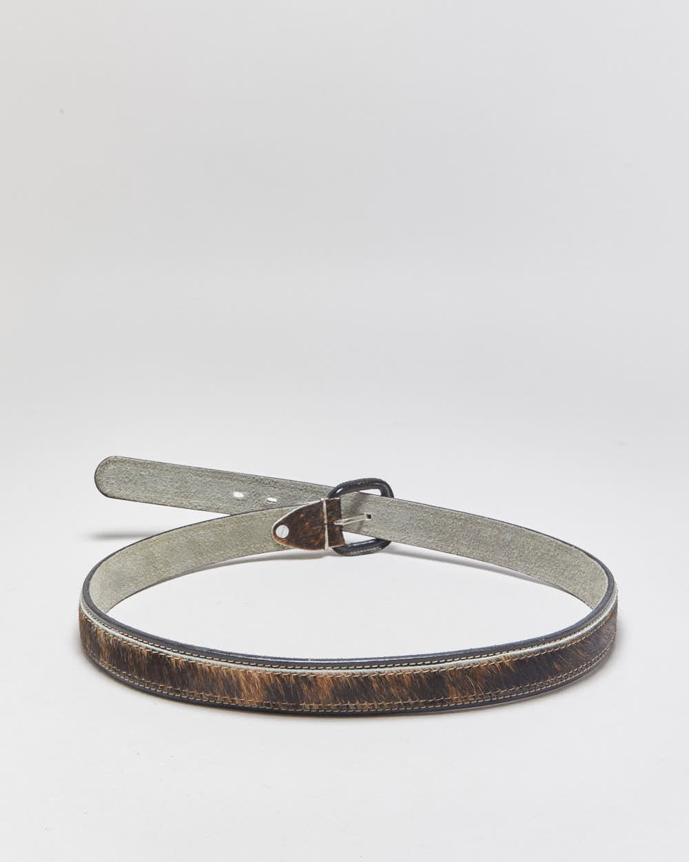Vintage Y2K 00s Black Leather Pony Hair Contrast Stitch Buckle Belt - W38-W44