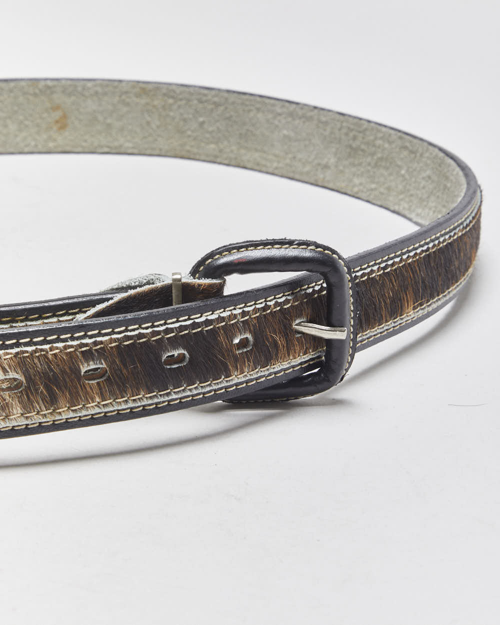 Vintage Y2K 00s Black Leather Pony Hair Contrast Stitch Buckle Belt - W38-W44