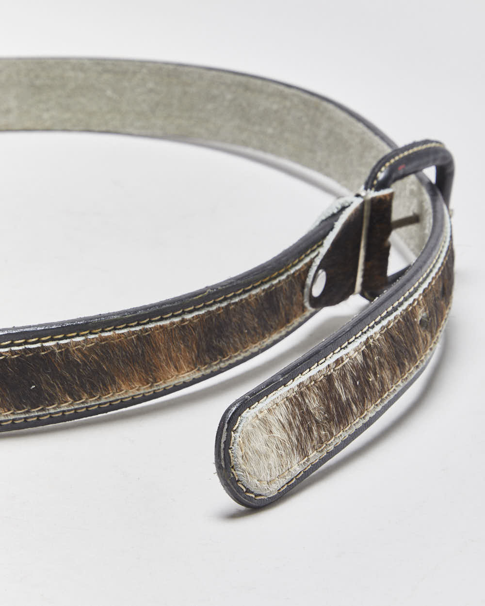 Vintage Y2K 00s Black Leather Pony Hair Contrast Stitch Buckle Belt - W38-W44