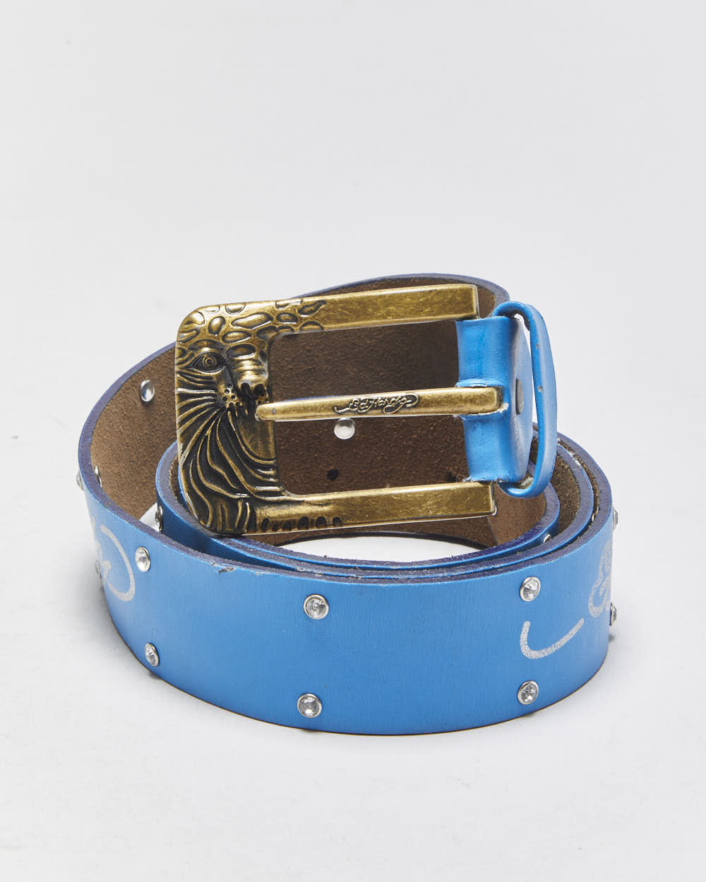 Vintage Y2K 00s Ed Hardy Signature Crystal Studded Embossed Brass Buckle Belt - W34-W41