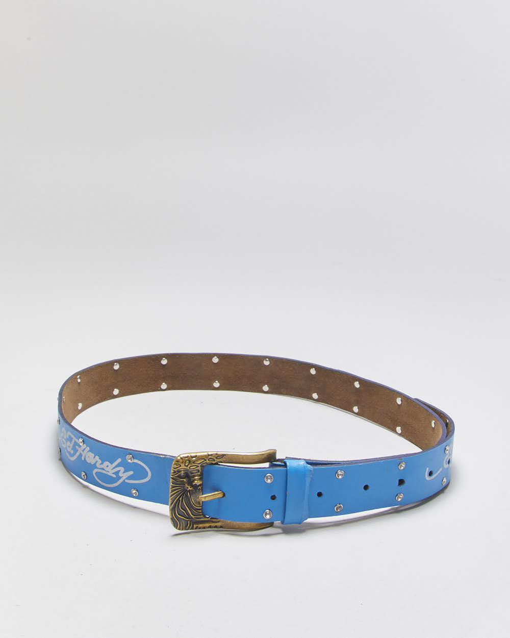 Vintage Y2K 00s Ed Hardy Signature Crystal Studded Embossed Brass Buckle Belt - W34-W41