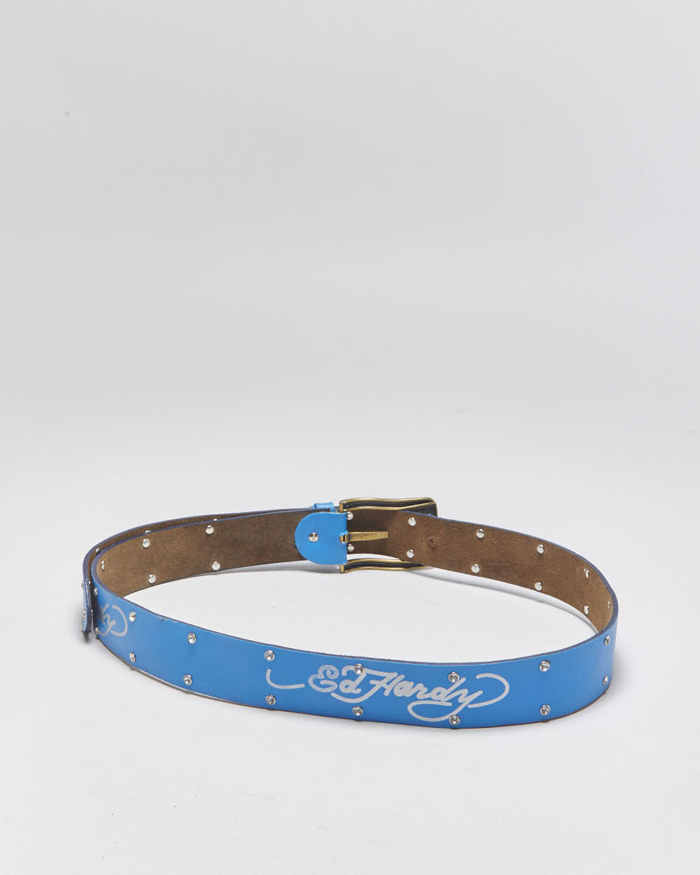 Vintage Y2K 00s Ed Hardy Signature Crystal Studded Embossed Brass Buckle Belt - W34-W41