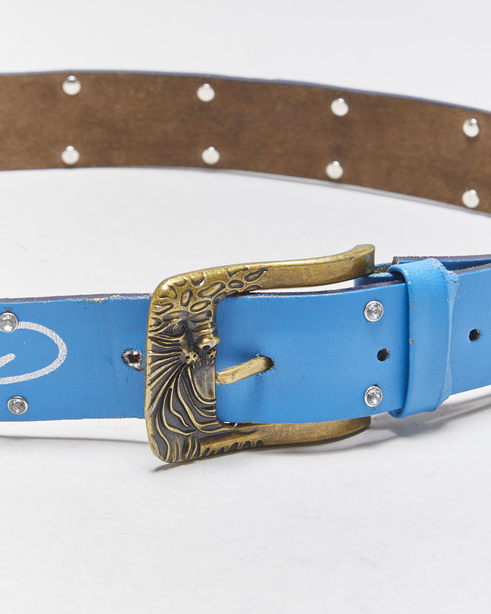 Vintage Y2K 00s Ed Hardy Signature Crystal Studded Embossed Brass Buckle Belt - W34-W41