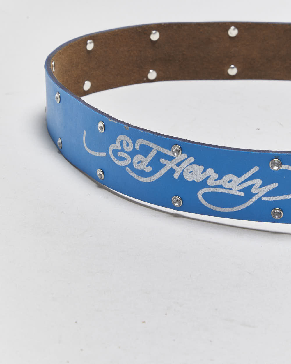 Vintage Y2K 00s Ed Hardy Signature Crystal Studded Embossed Brass Buckle Belt - W34-W41