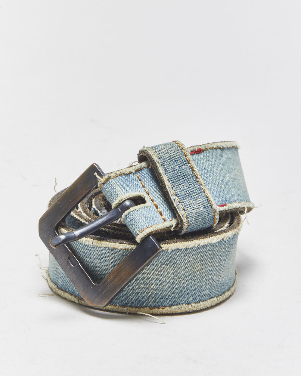 Vintage Y2K 00s Miss Sixty Frayed Denim Leather Brass Buckle Belt - W28-W32
