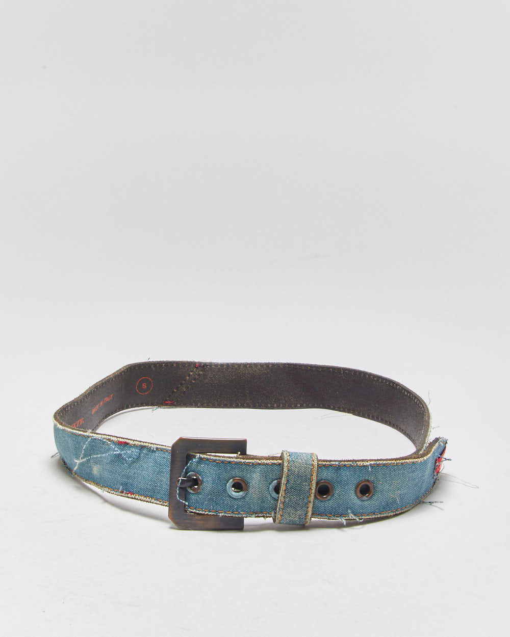 Vintage Y2K 00s Miss Sixty Frayed Denim Leather Brass Buckle Belt - W28-W32