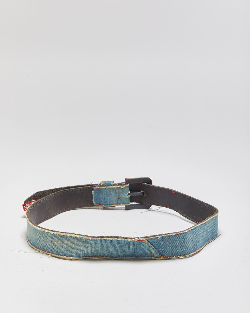 Vintage Y2K 00s Miss Sixty Frayed Denim Leather Brass Buckle Belt - W28-W32