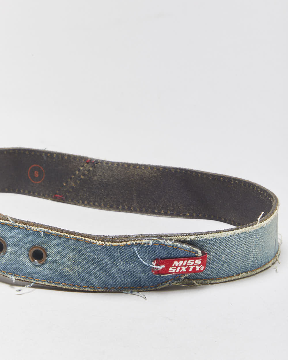 Vintage Y2K 00s Miss Sixty Frayed Denim Leather Brass Buckle Belt - W28-W32