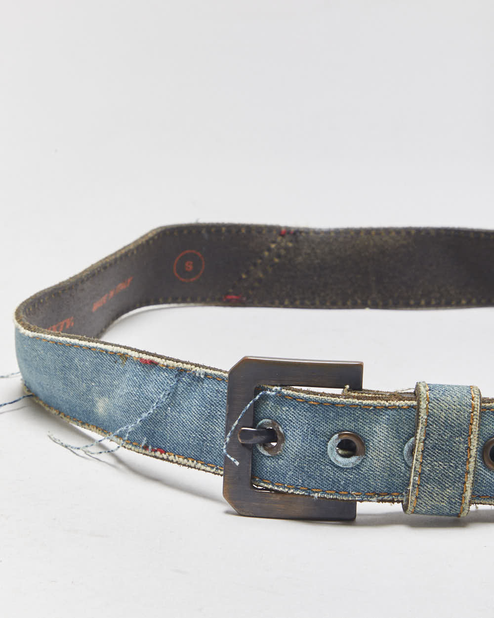 Vintage Y2K 00s Miss Sixty Frayed Denim Leather Brass Buckle Belt - W28-W32