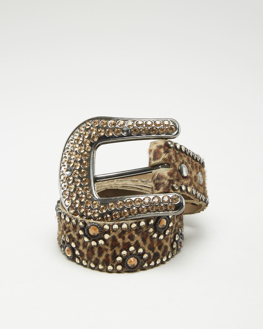 Brown Rhinestone Leopard Print Belt - L43 W1.5